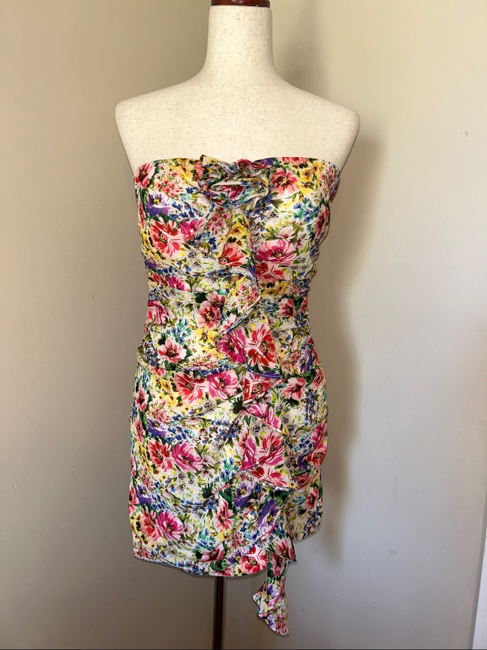 New Lavender Brown Liana Dress Floral Mini  Small Front Ruffle Removable Pin
